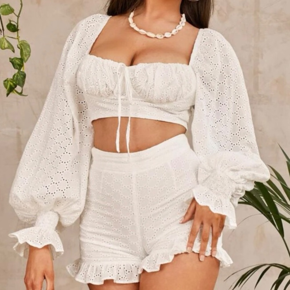 White Eyelet Short Set with Puff Sleeves